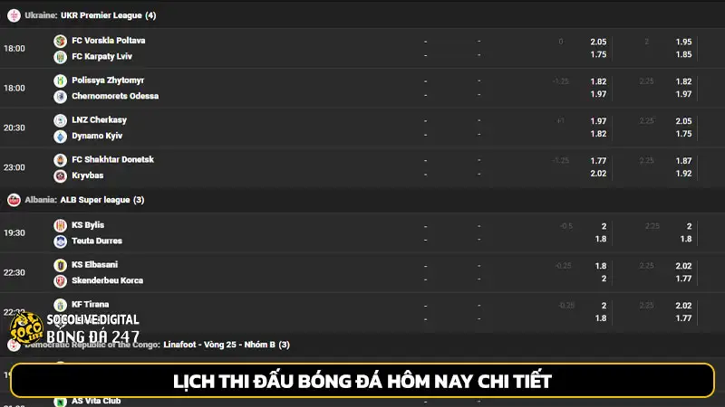 Lịch thi đấu bóng đá hôm nay chi tiết