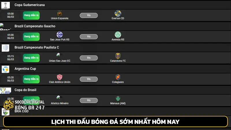 Lịch thi đấu bóng đá sớm nhất hôm nay